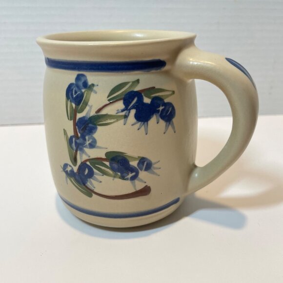 Hand-Painted Pottery Mug with Blue Floral Design & Handle Signed - Picture 1 of 8